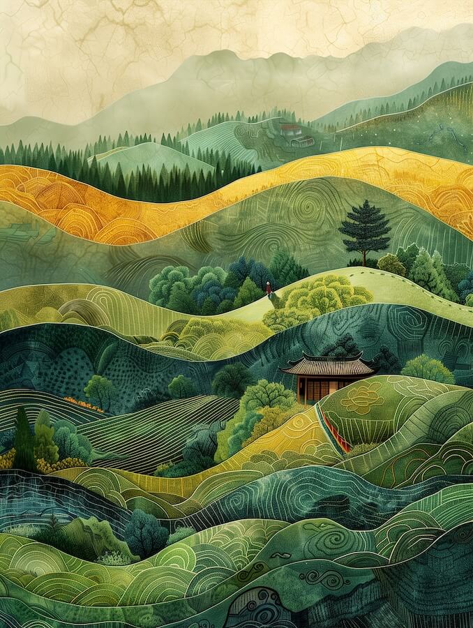 green-and-yellow-patterned-illustration-of-rolling-hills-with-rice-fields