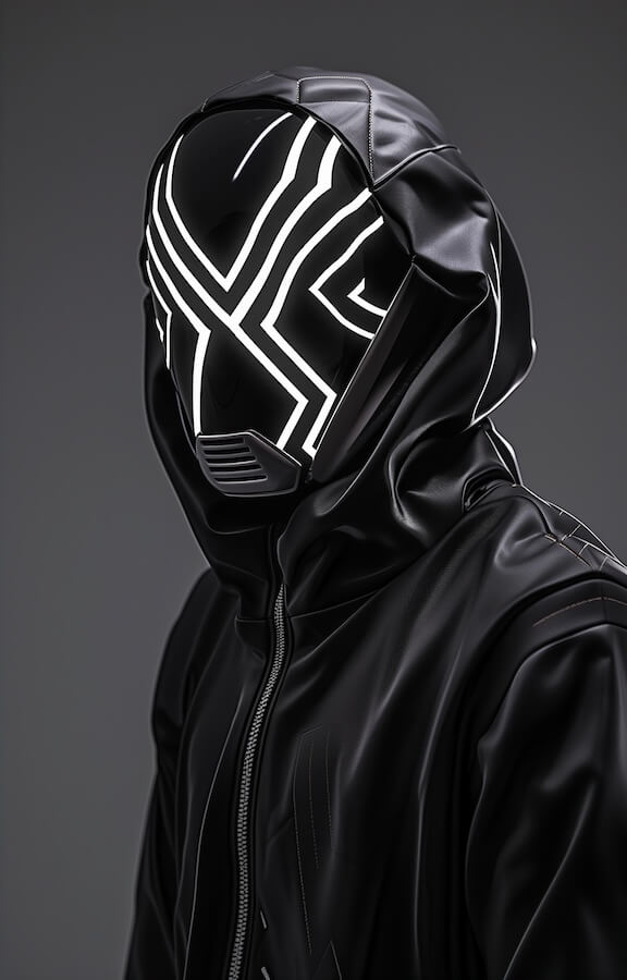 a-black-futuristic-mask-with-white-lines-on-the-hood