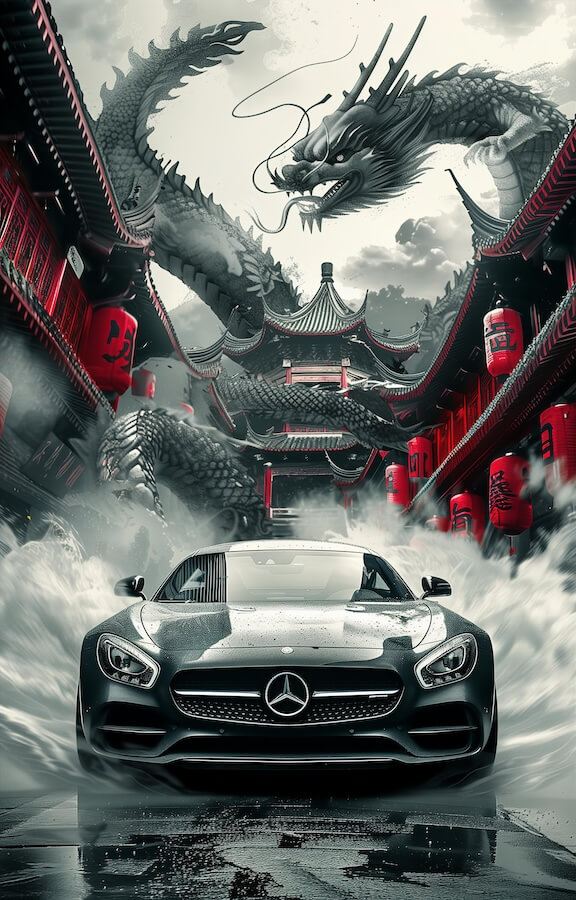 a-black-mercedes-amg-gt-in-front-of-a-chinese-dragon