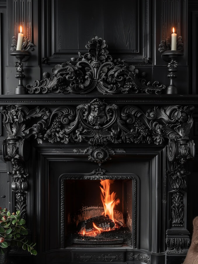 a-dark-black-gothic-fireplace-with-fire-burning-inside