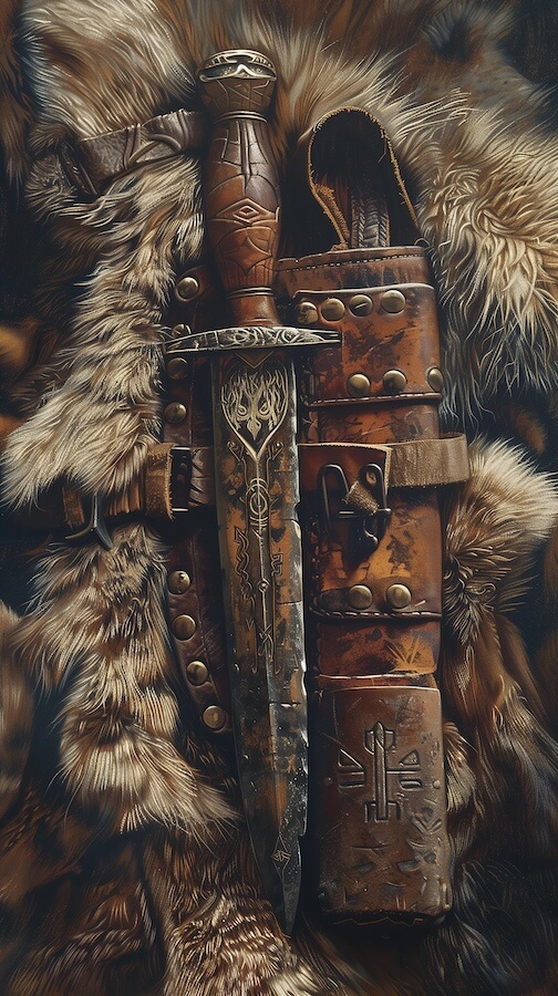 leather-pouch-and-a-dagger-in-a-sheath-lying-on-animal-furs