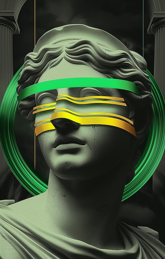 art-of-a-greek-statue-blindfolded-with-green-and-yellow-stripes