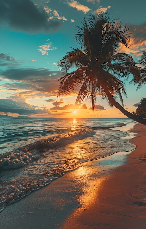 beautiful-beach-sunset-with-palm-trees-and-waves