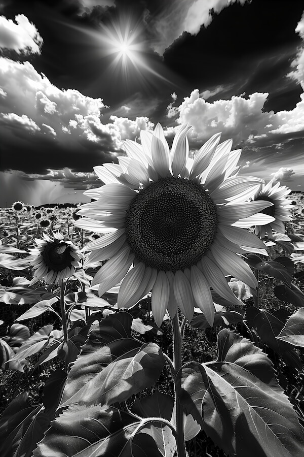 black-and-white-photo-of-sunflowers-in-the-field