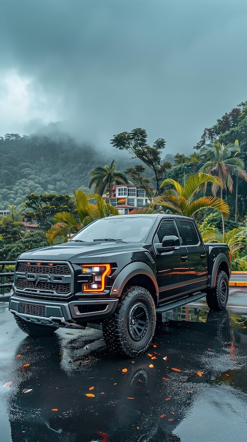 black-ford-raptor-parked-on-the-side-of-the-road-in-hawaii