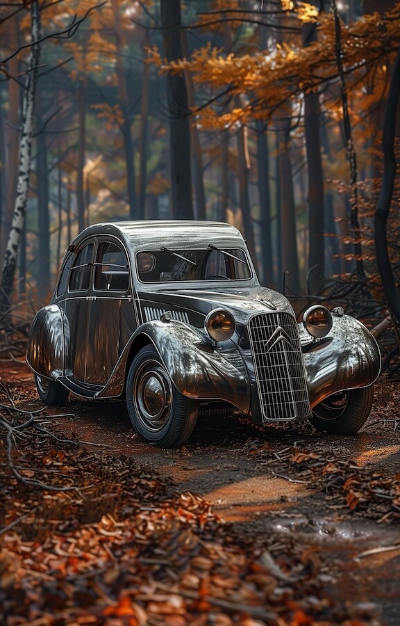 grey-and-silver-metallic-1930s-citroen-tinerary-car-in-the-woods
