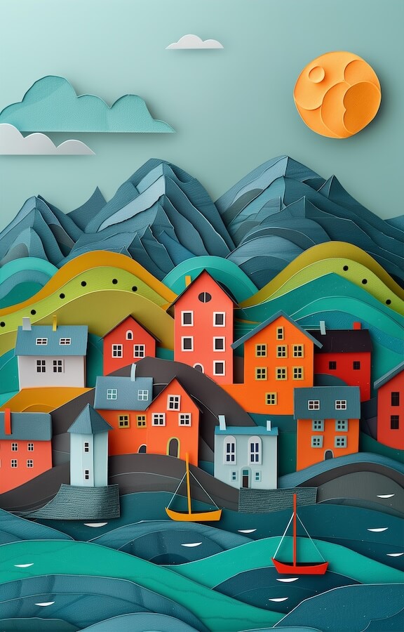 colorful-paper-cut-art-depicting-a-seaside-town-with-houses