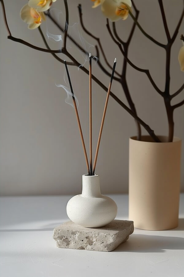 close-up-photo-of-an-incense-stick-in-a-white-ceramic-vase