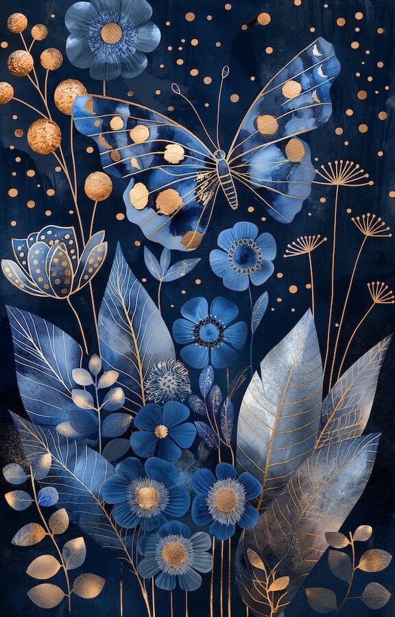 dark-blue-and-gold-floral-illustration-with-butterfly