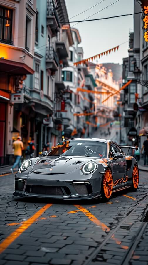 gray-porsche-gt3-rs-parked-on-the-street-of-an-old-city