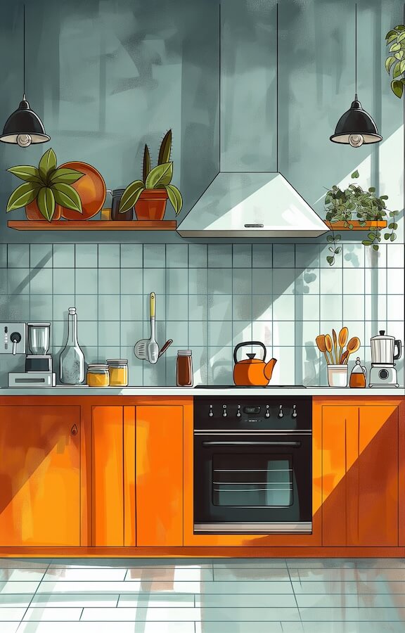 illustration-of-modern-kitchen-interior-with-orange-cabinets