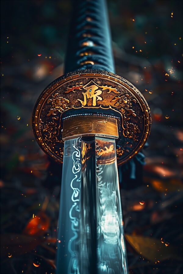 close-up-of-an-ornate-samurai-sword-with-golden-accents