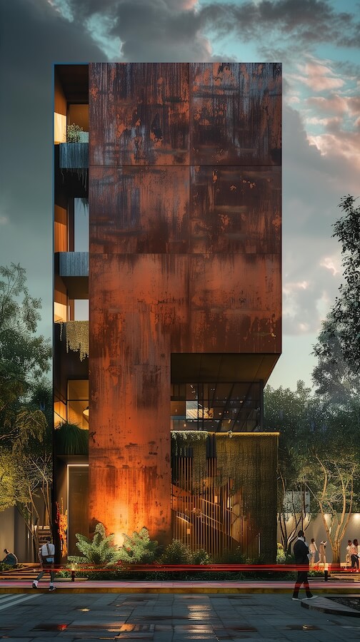 rendering-of-a-tall-narrow-hotel-made-from-rusted-steel