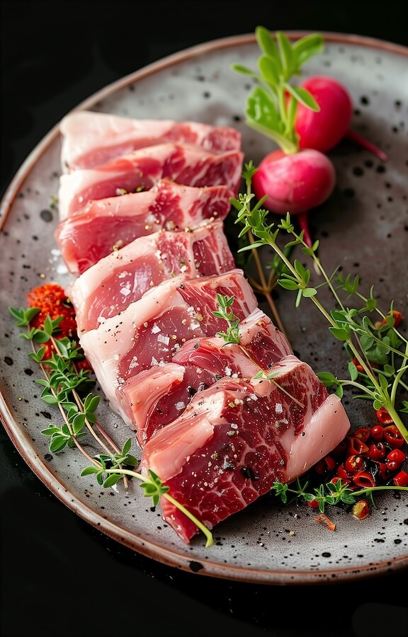 sliced-boar-meat-on-a-plate-with-thyme-and-radish