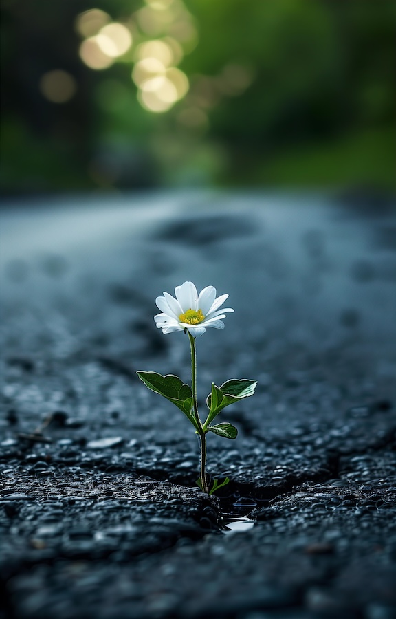 small-white-flower-sprouting-from-the-asphalt-of-an-empty-street