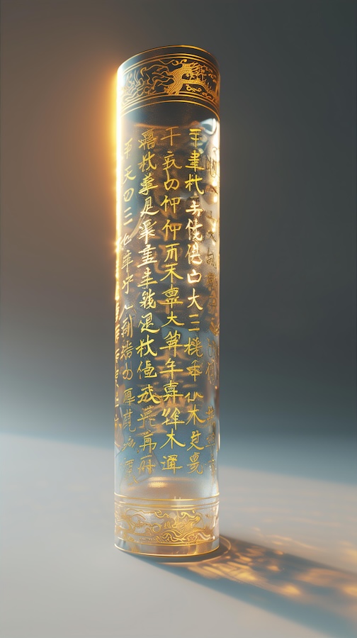 transparent-cylinder-with-golden-characters-engraved-on-it