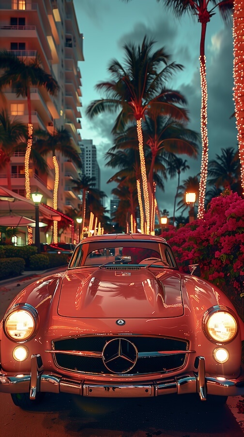 vintage-mercedes-in-miami-with-palm-trees-and-lights