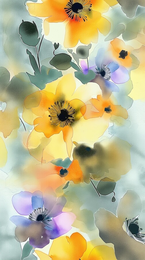 watercolor-yellow-and-purple-flowers-on-a-light-gray-background
