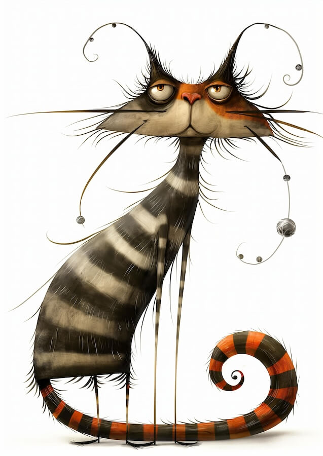 whimsical-striped-cat-with-a-long-tail-on-a-white-background