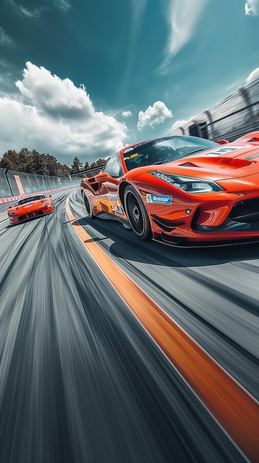 wide-angle-shot-of-two-sports-cars-racing-on-the-track