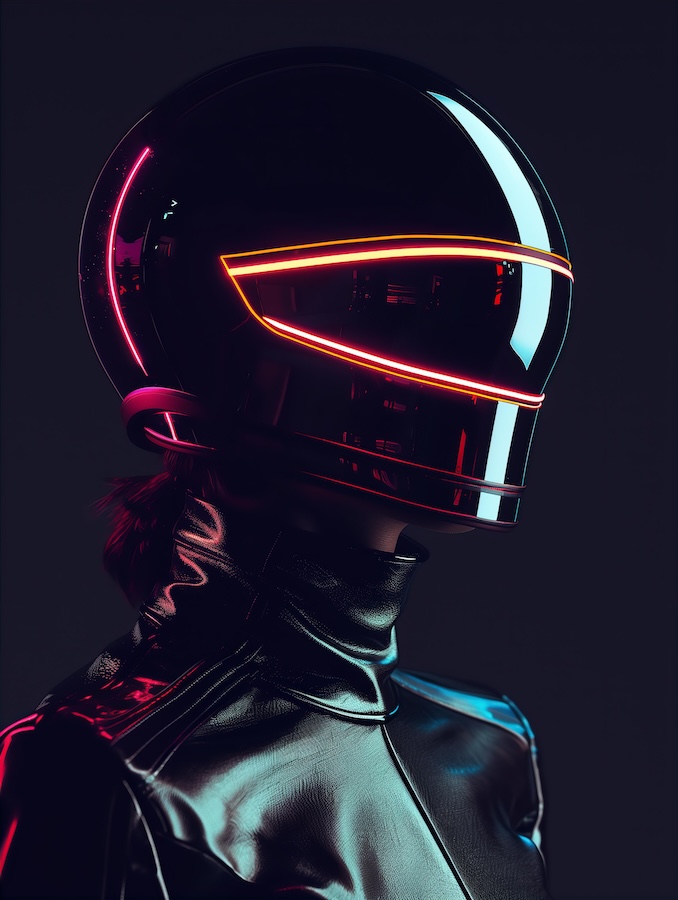 woman-in-an-open-black-motorcycle-helmet-with-neon-lights