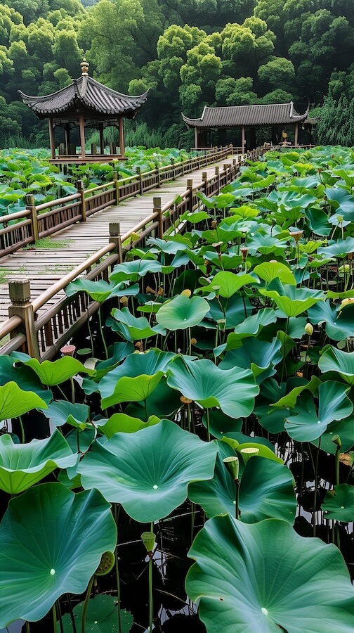 wooden-bridge-surrounded-by-dense-green-leaves