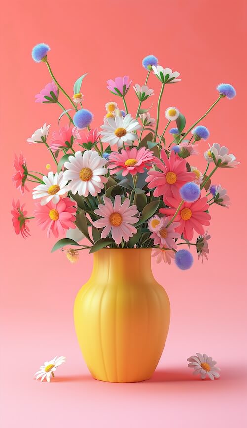 3d-cartoon-style-colorful-daisies-in-yellow-vase-on-pink-background