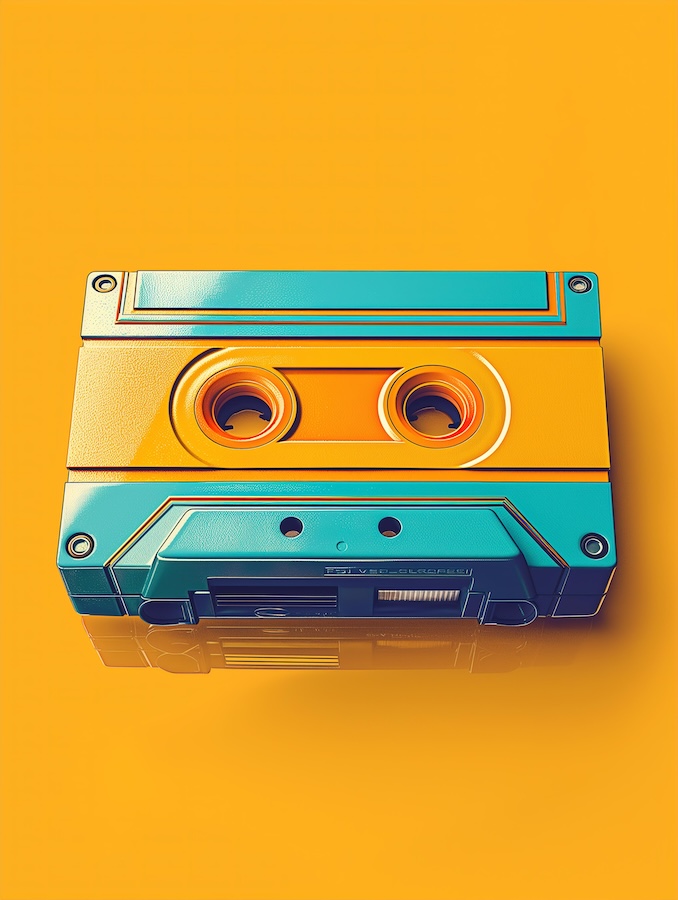3d-render-of-retro-cassette-tape-on-yellow-background
