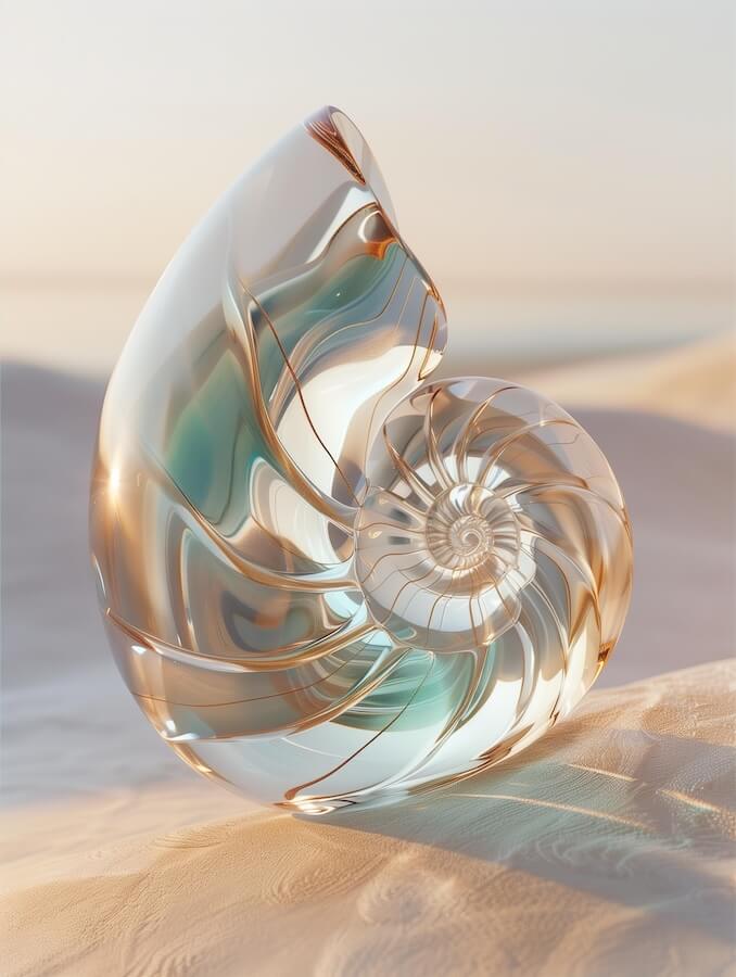 3d-render-of-shiny-glass-nautilus-shell-on-sand