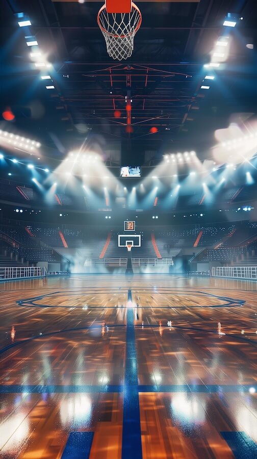 a-basketball-court-in-an-indoor-stadium-with-spotlights