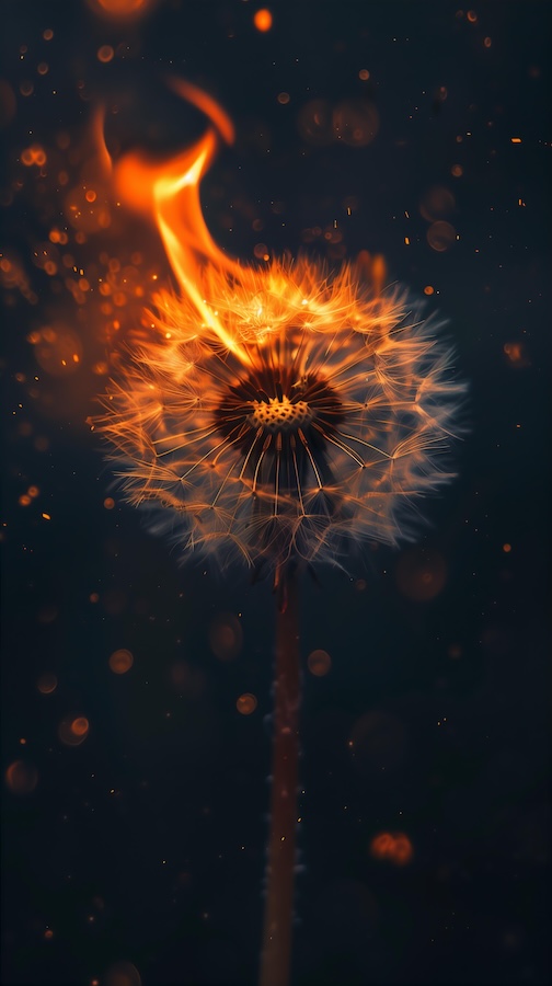 a-dandelion-with-fire-on-it-against-a-dark-background