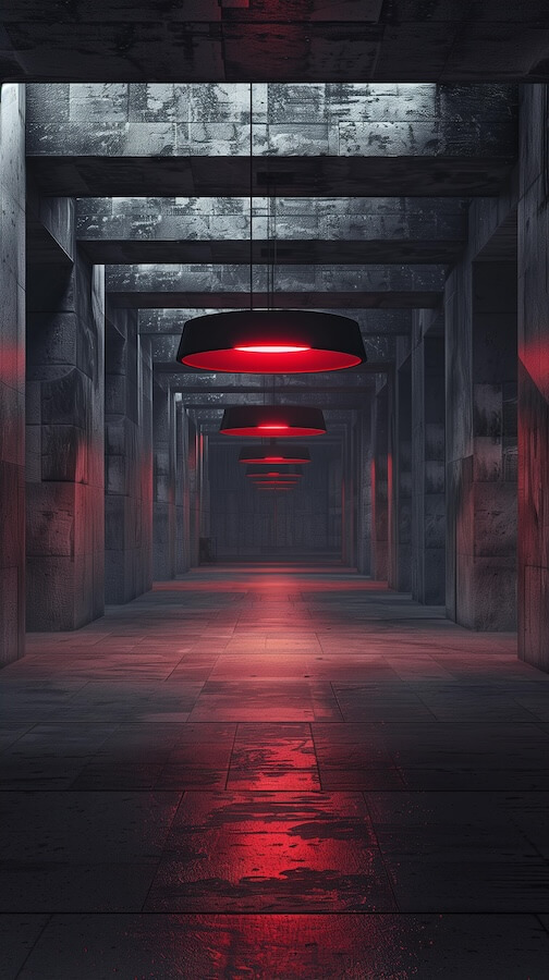 a-dark-gray-concrete-corridor-with-red-light-hanging-from-the-ceiling