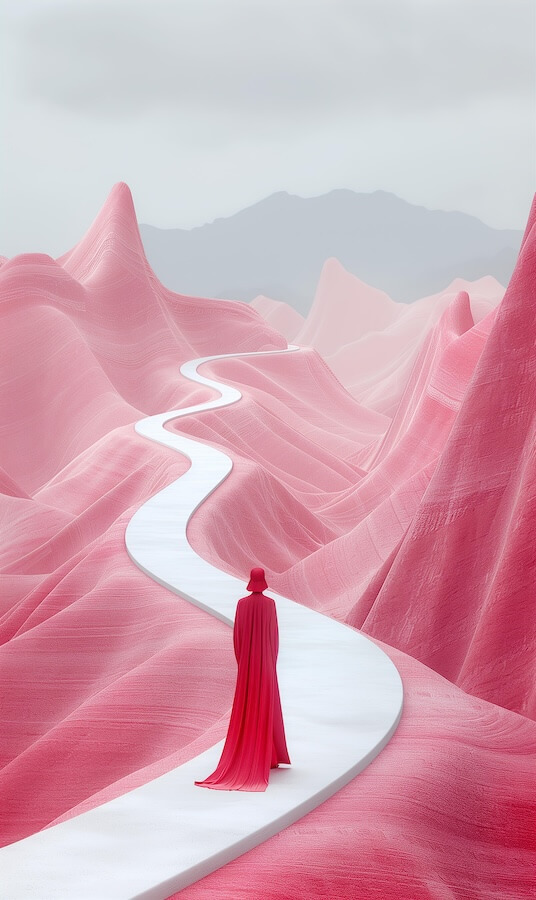 a-man-in-red-cape-standing-on-white-curved-path