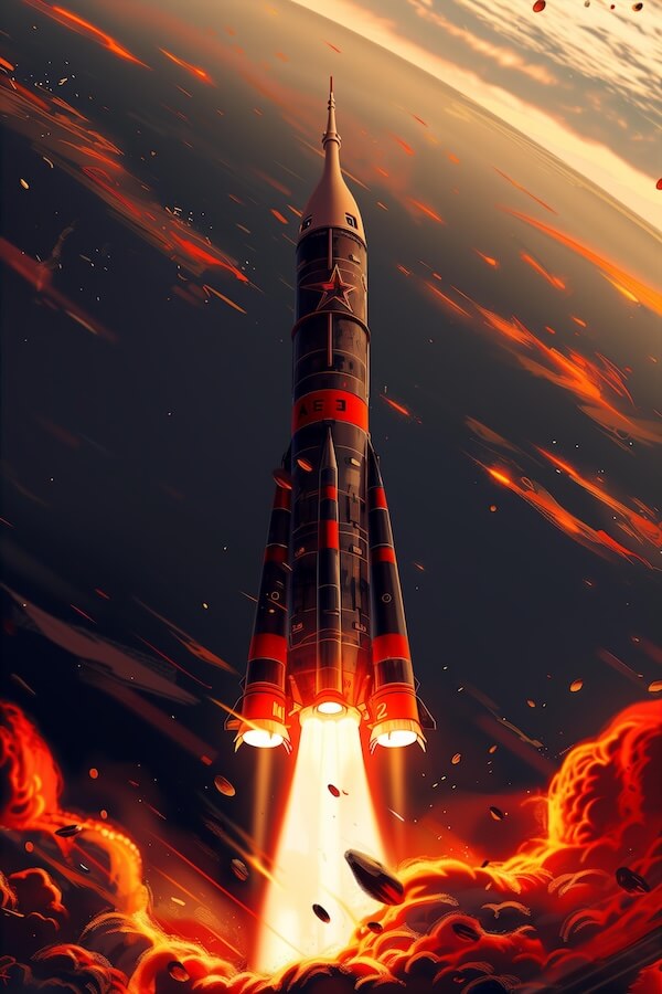 a-red-and-black-rocket-with-white-flames-rises-from-the-ground