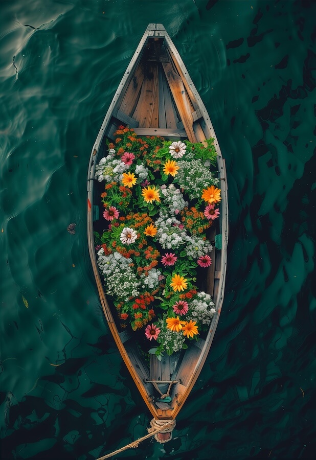 a-wooden-boat-with-colorful-flowers-in-the-water