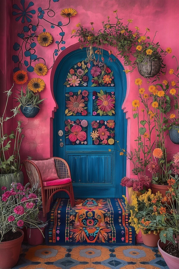 beautiful-blue-and-pink-colorful-boho-house-entrance