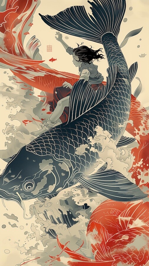 beautiful-mermaid-riding-on-the-back-of-an-oversized-koi-fish
