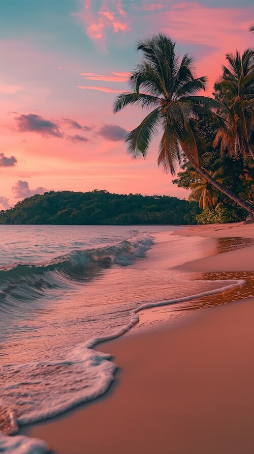 beautiful-tropical-beach-with-palm-trees-and-a-pink-sunset-sky