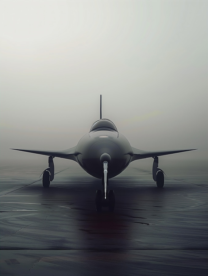 black-fighter-jet-parked-on-the-tarmac-in-front-of-foggy-weather
