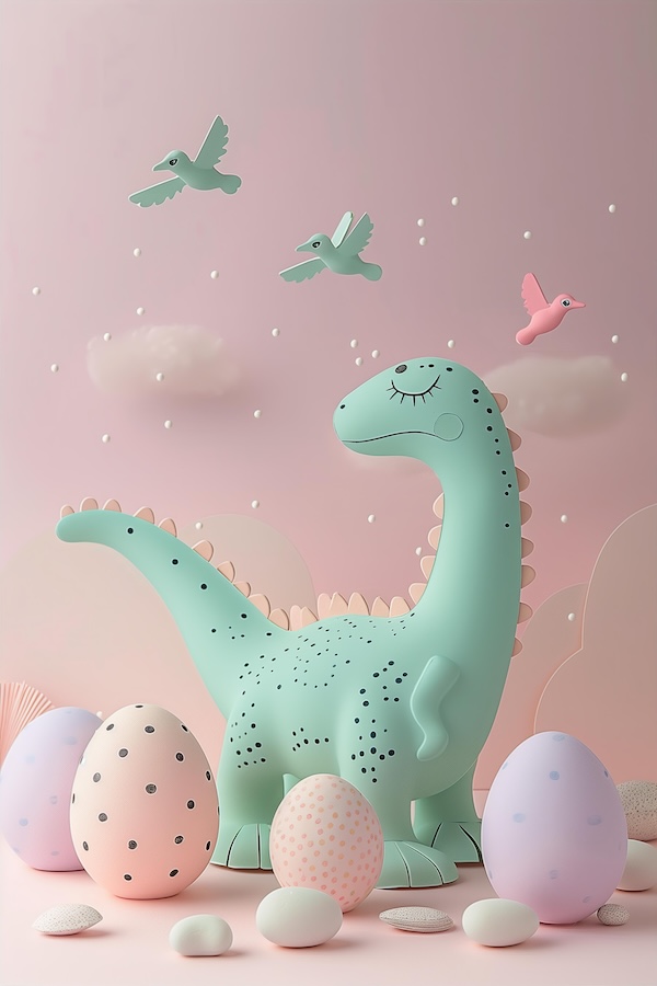 cartoon-dinosaur-toy-surrounded-by-easter-eggs-and-flying-birds