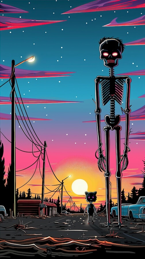 cartoon-of-an-extremely-tall-skeleton-standing-in-the-middle-of-town
