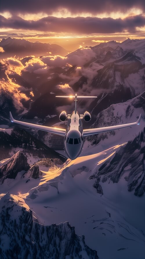 cessna-jet-airplane-flying-over-snowy-mountains-at-sunset