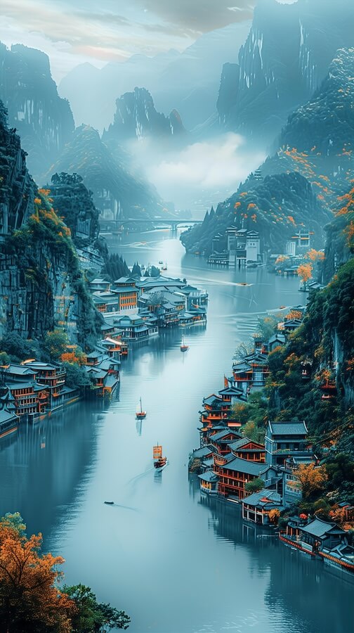 chinese-style-ancient-town-with-riverside-buildings-and-small-boats