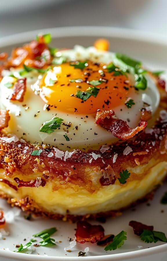 closeup-of-the-perfect-egg-and-bacon-pancake-on-white-plate