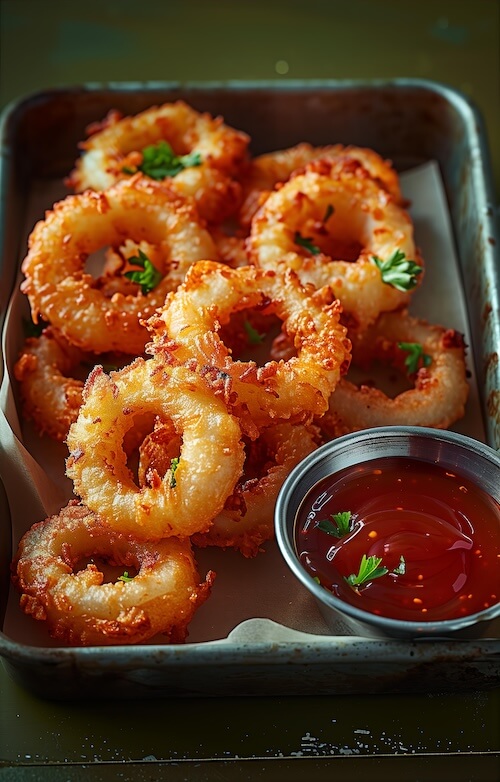 coconut-flake-onion-rings-with-ketchup-and-sauce