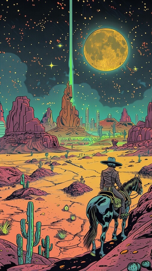 comic-book-illustration-of-a-cowboy-on-horseback-in-the-desert