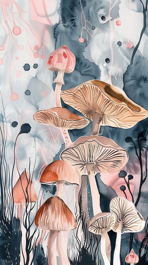dark-pink-and-light-gray-mushrooms-in-the-style-of-soft-watercolors