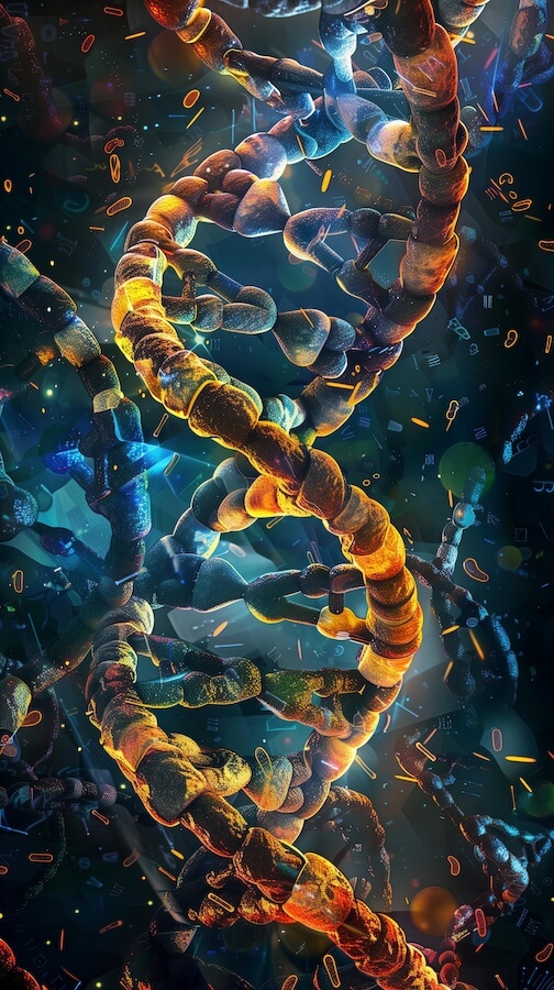 digital-art-piece-of-dna-strands-intertwined-with-microscopic-cells