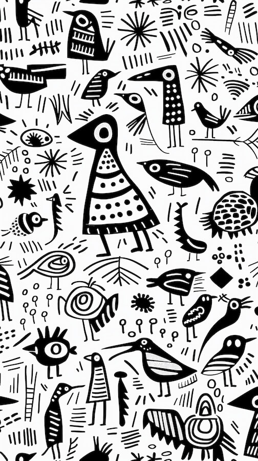 drawings-of-primitive-tribal-art-patterns-with-birds-and-animals