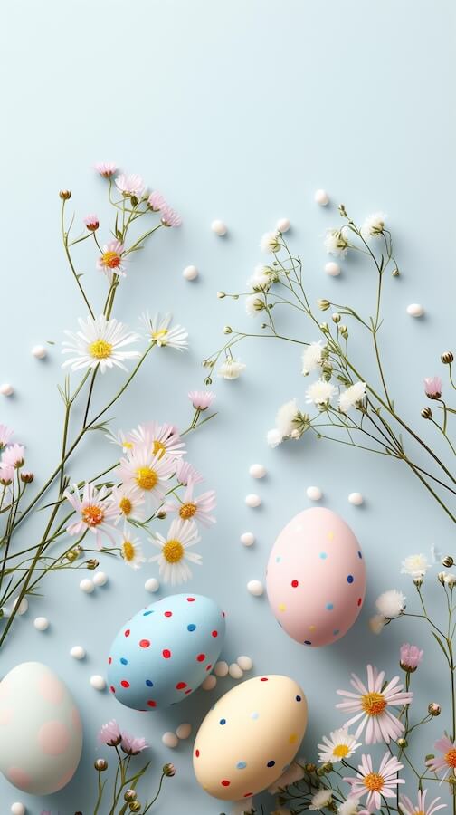 easter-eggs-and-wild-flowers-on-light-blue-background